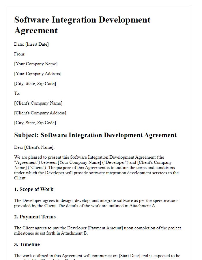 Letter template of software integration development agreement