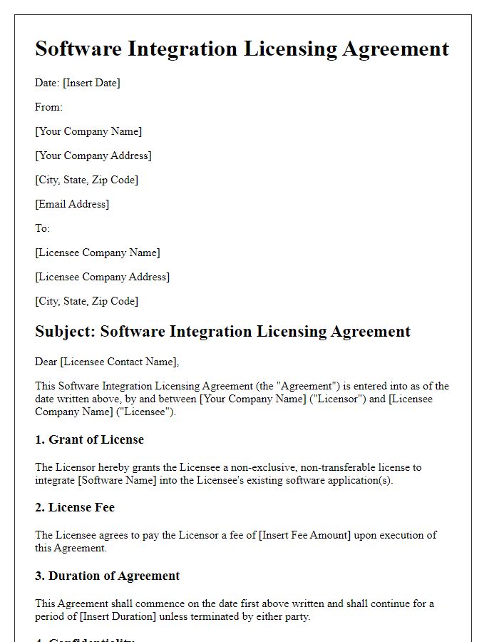 Letter template of software integration licensing agreement