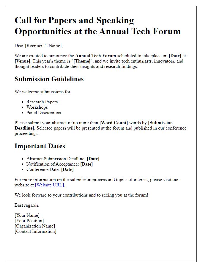 Letter template of call for papers and speaking opportunities at tech forum