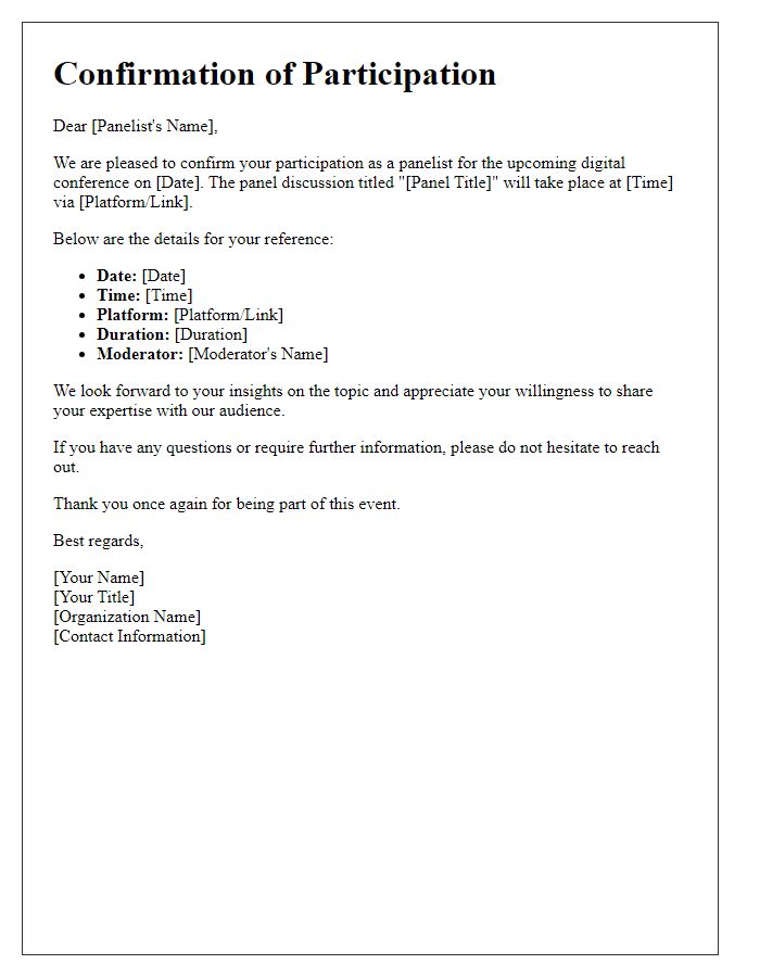 Letter template of confirmation for panel discussion at a digital conference