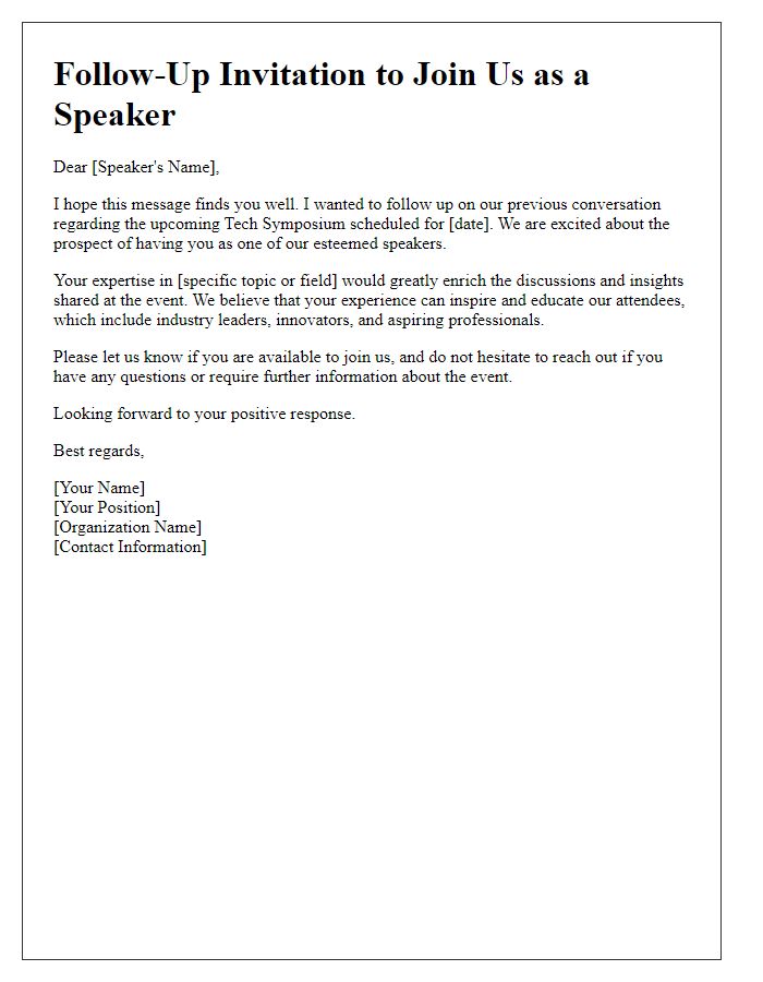 Letter template of follow-up invitation to join tech symposium as a speaker