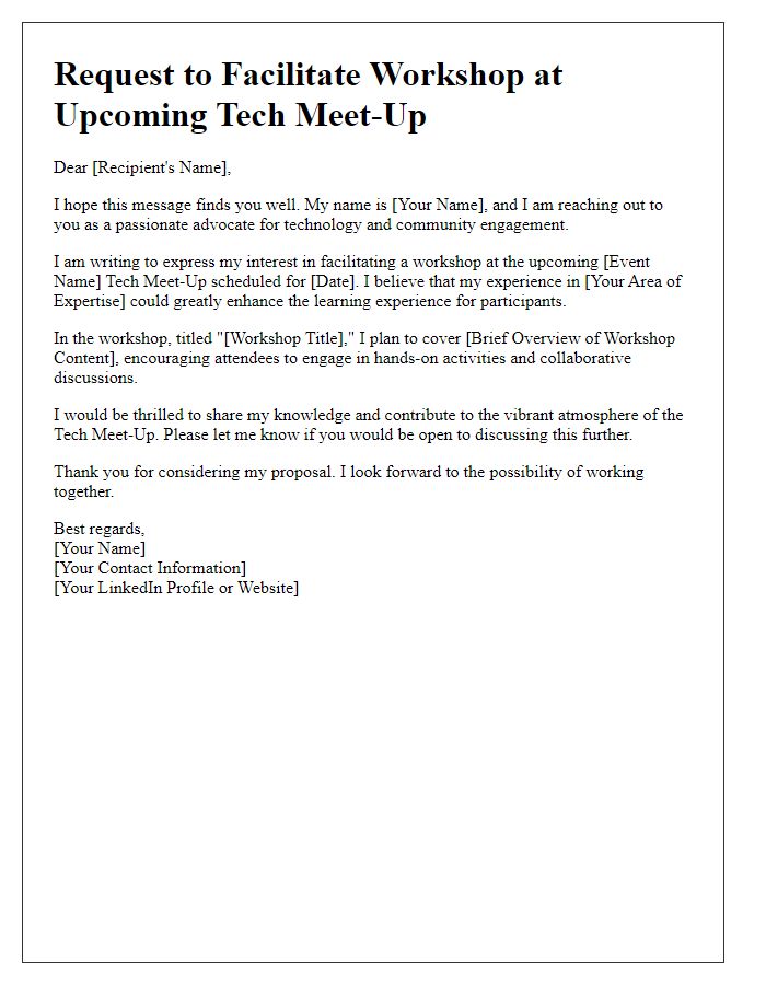 Letter template of outreach for workshop facilitation at tech meet-up