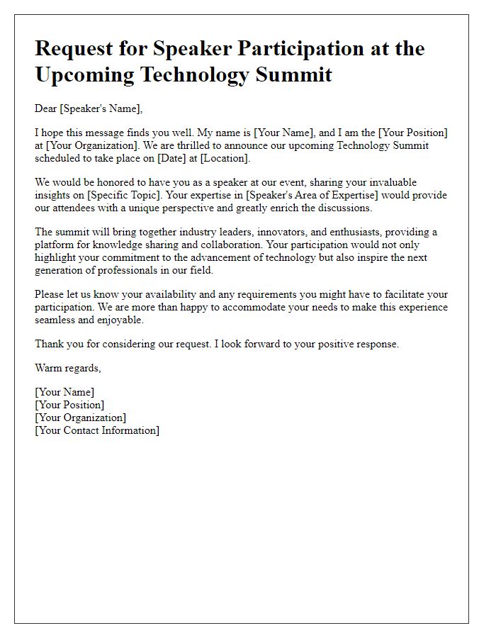 Letter template of request for speaker participation in technology summit