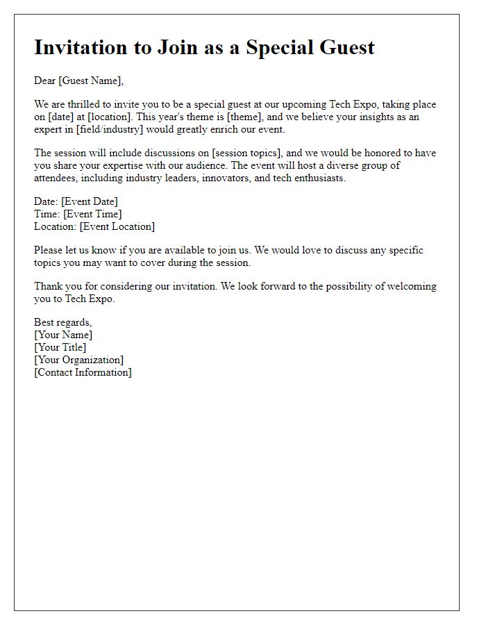 Letter template of special guest invitation for expert session at tech expo