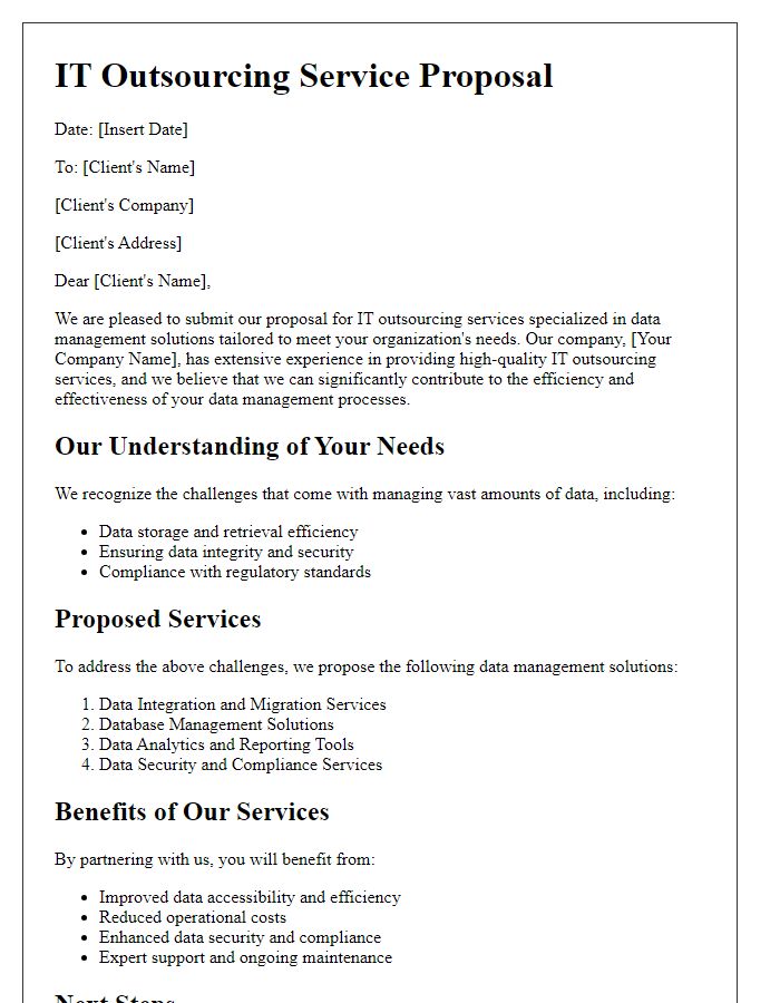 Letter template of IT outsourcing service proposal addressing data management solutions.