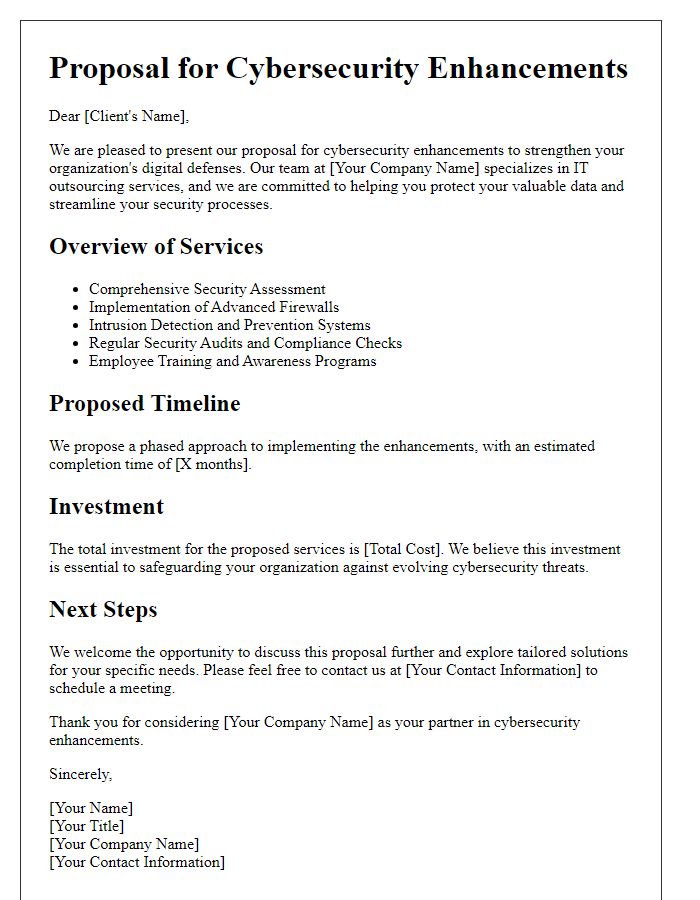 Letter template of IT outsourcing service proposal for cybersecurity enhancements.