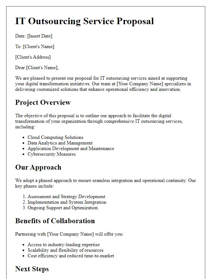 Letter template of IT outsourcing service proposal for digital transformation initiatives.