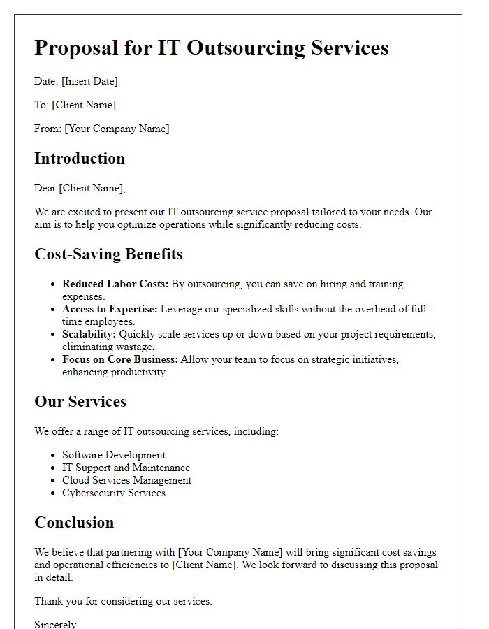 Letter template of IT outsourcing service proposal emphasizing cost-saving benefits.