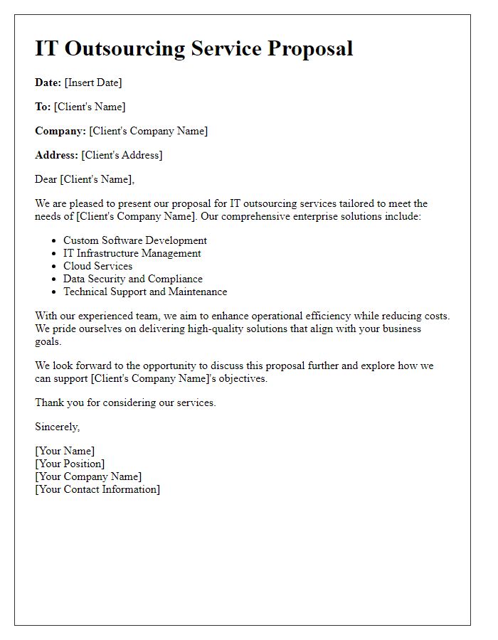 Letter template of IT outsourcing service proposal for enterprise solutions.