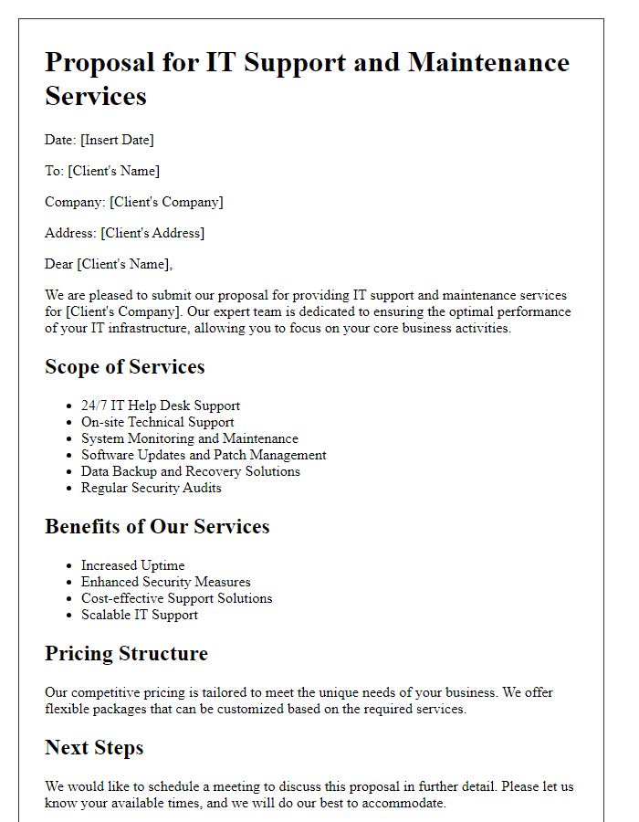 Letter template of IT outsourcing service proposal focusing on IT support and maintenance.