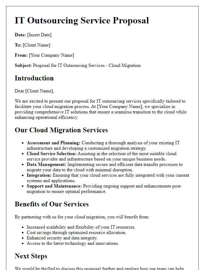 Letter template of IT outsourcing service proposal highlighting cloud migration services.