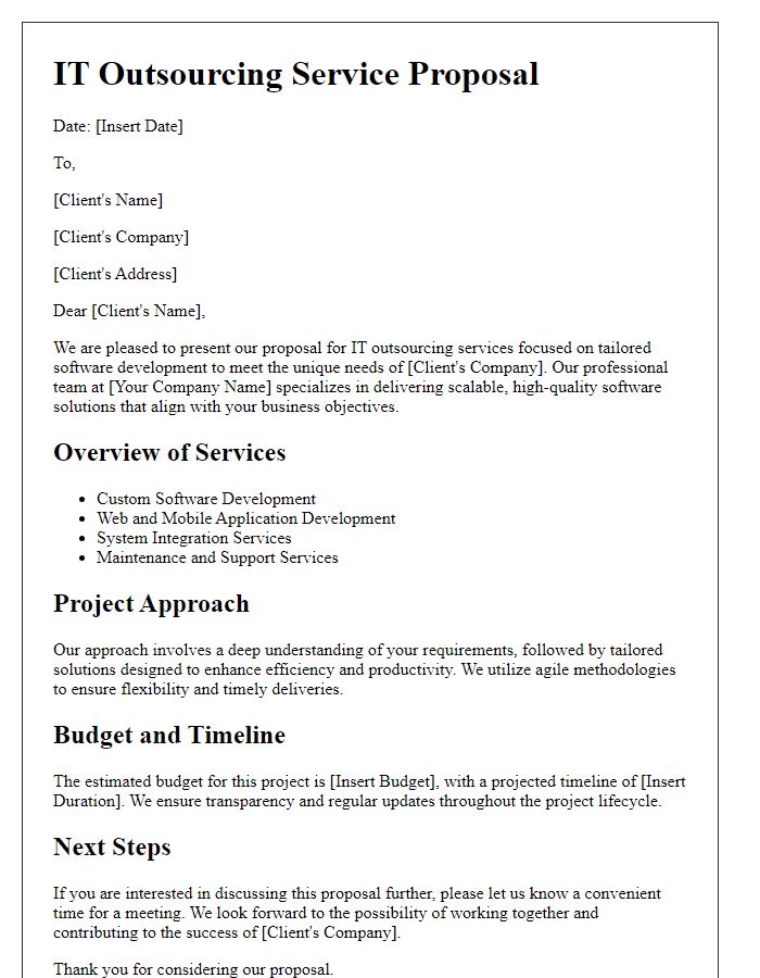 Letter template of IT outsourcing service proposal for tailored software development.