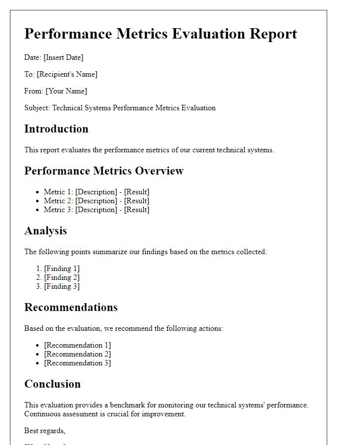 Letter template of technical systems performance metrics evaluation