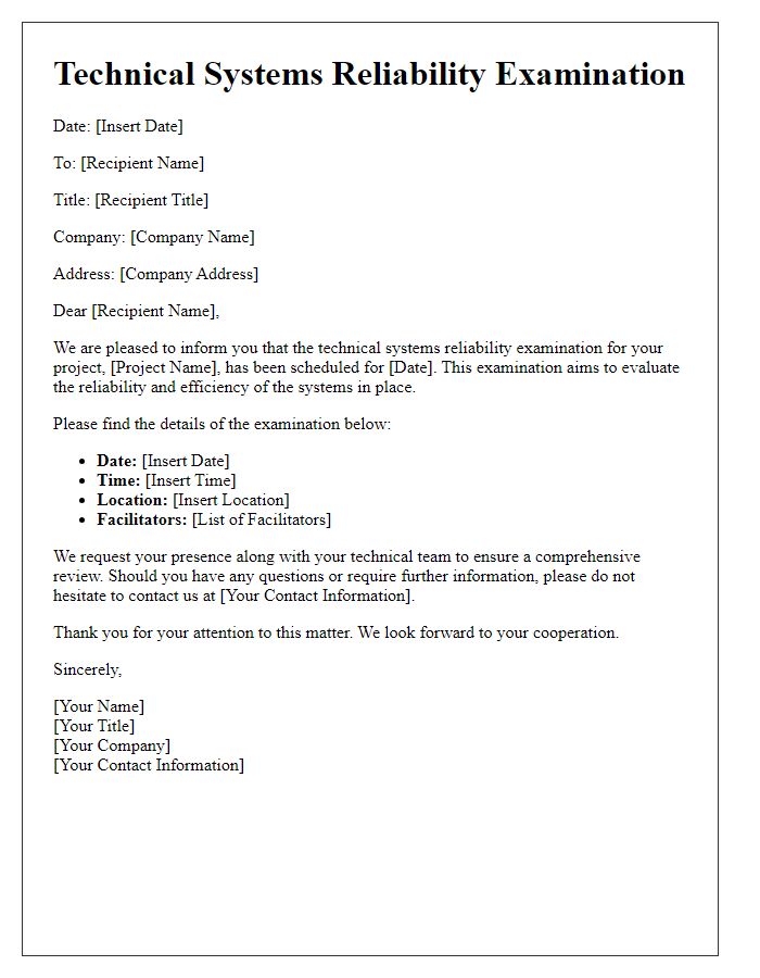 Letter template of technical systems reliability examination