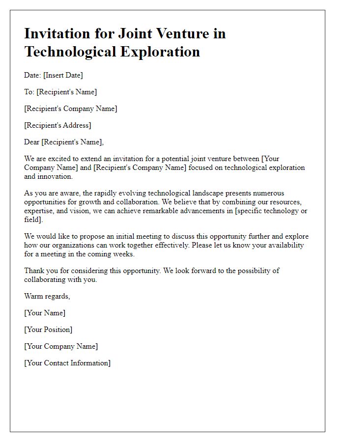 Letter template of joint venture invitation for technological exploration