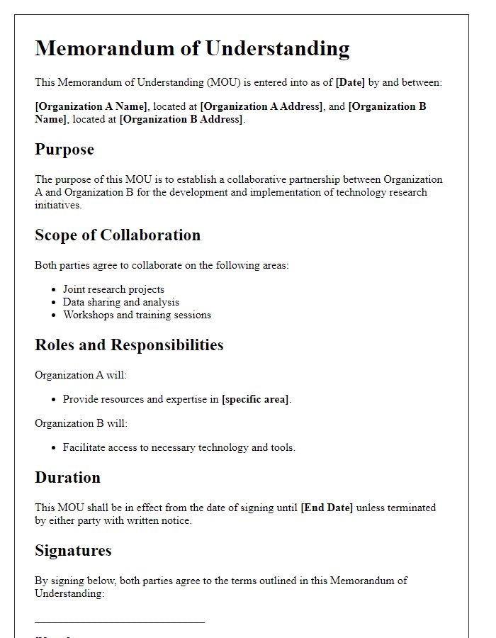 Letter template of memorandum of understanding for tech research partnership