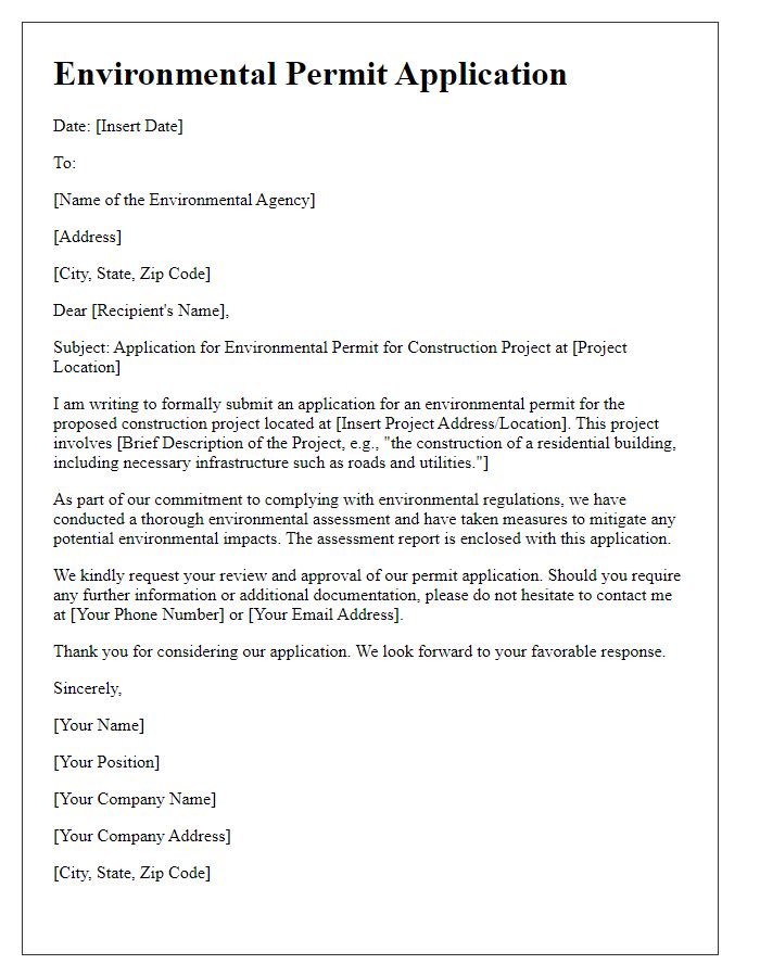 Letter template of environmental permit application for construction project.