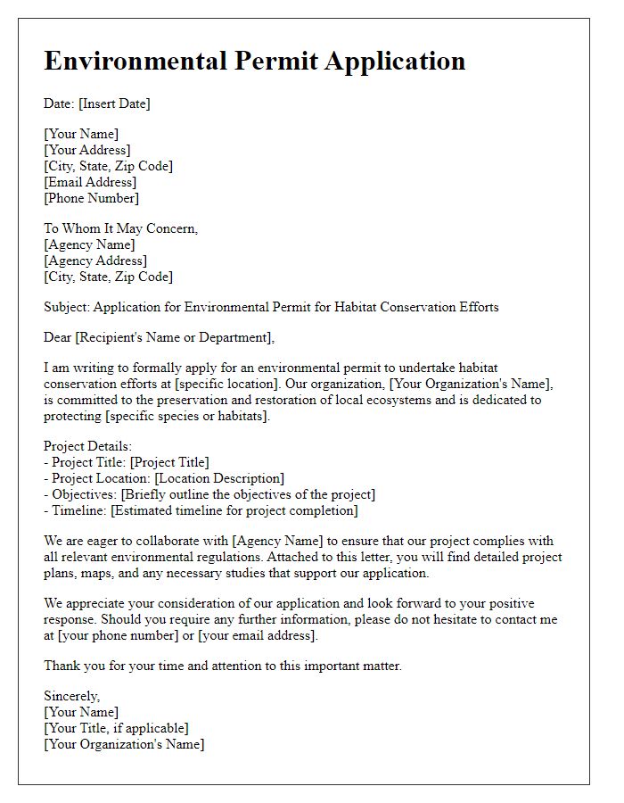 Letter template of environmental permit application for habitat conservation efforts.