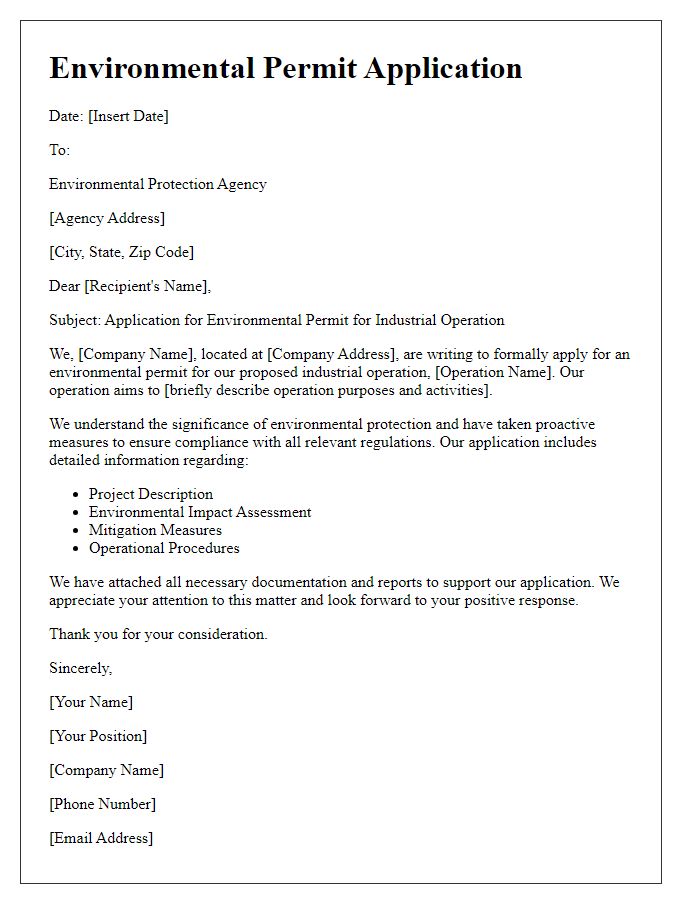 Letter template of environmental permit application for industrial operation.