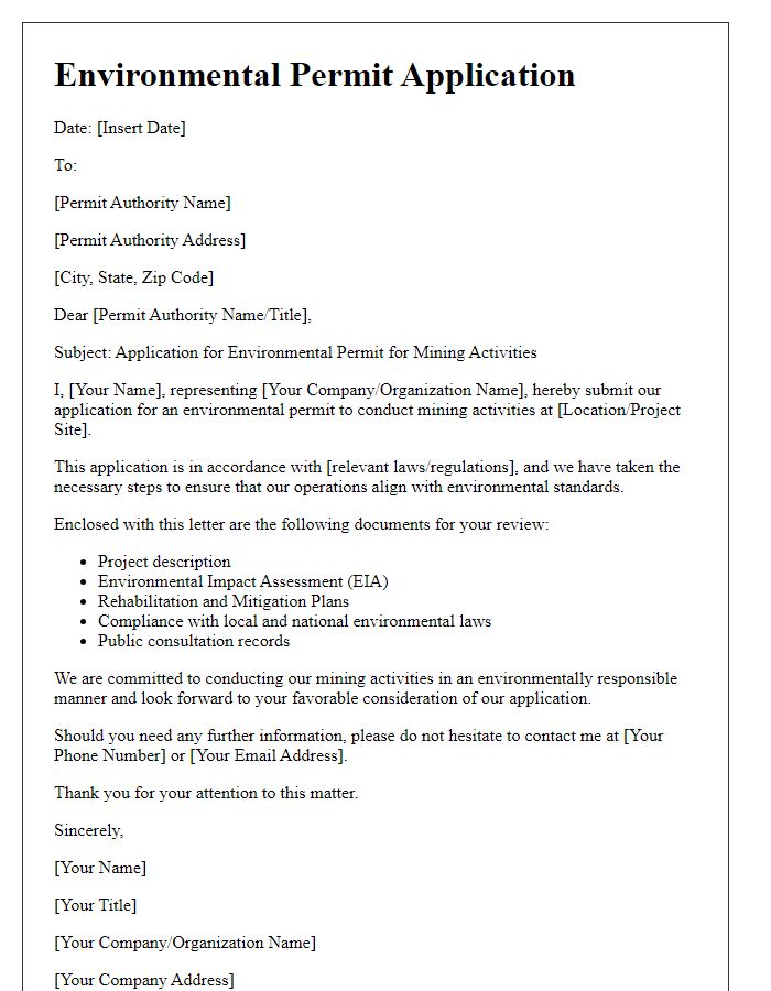 Letter template of environmental permit application for mining activities.