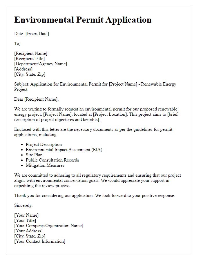 Letter template of environmental permit application for renewable energy project.