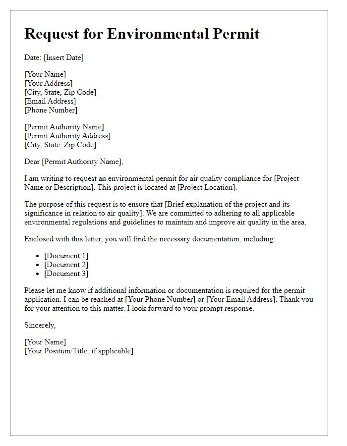 Letter template of environmental permit request for air quality compliance.