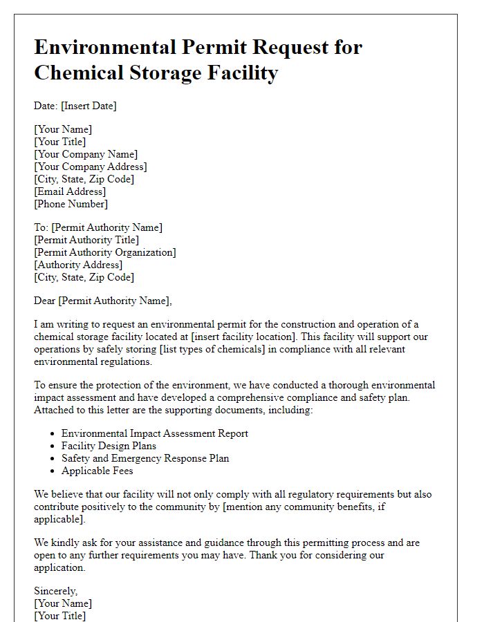 Letter template of environmental permit request for chemical storage facility.