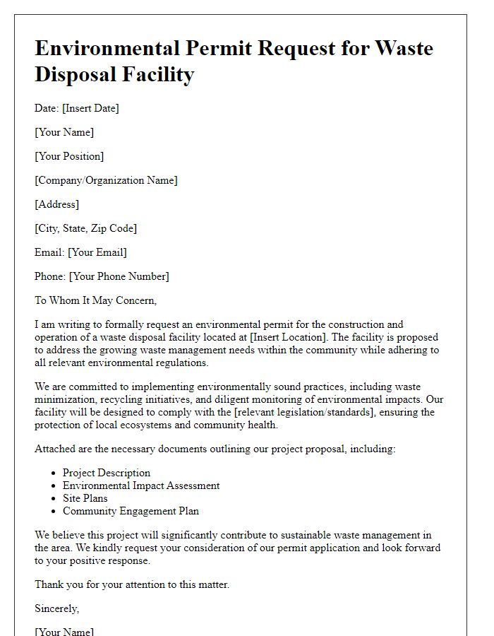 Letter template of environmental permit request for waste disposal facility.