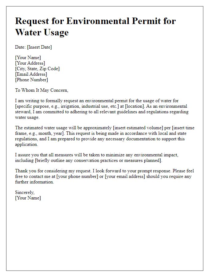 Letter template of environmental permit request for water usage.