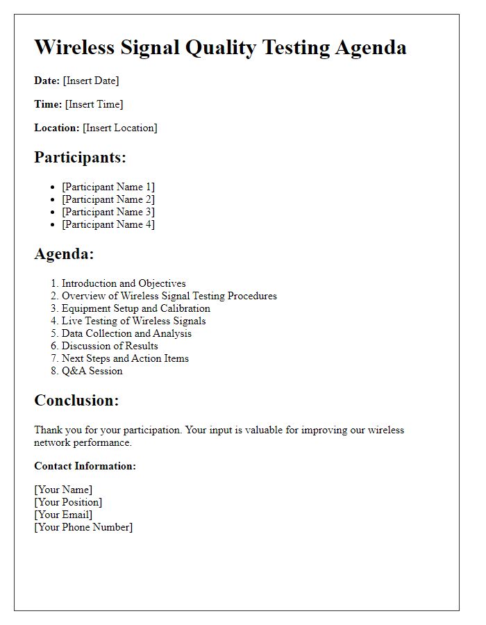 Letter template of wireless signal quality testing agenda