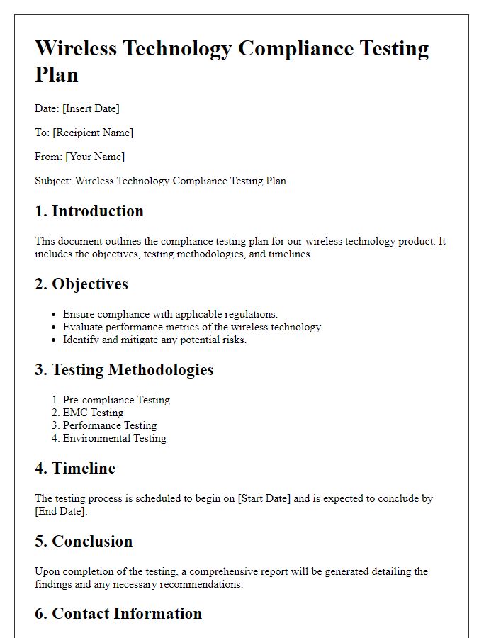 Letter template of wireless technology compliance testing plan