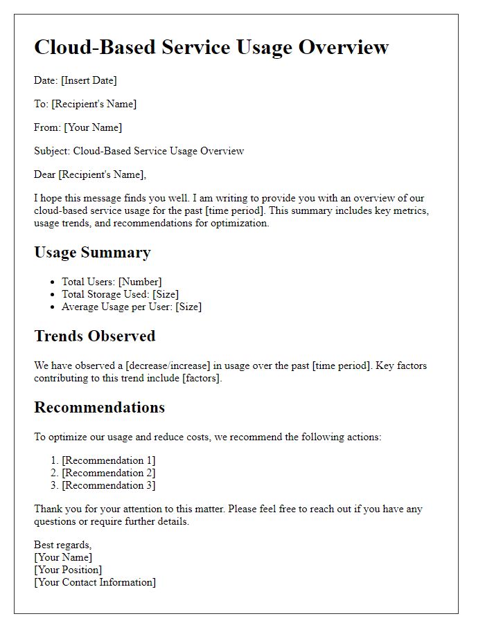 Letter template of cloud-based service usage overview