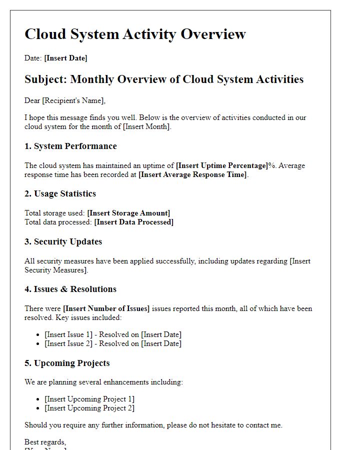 Letter template of cloud system activity overview