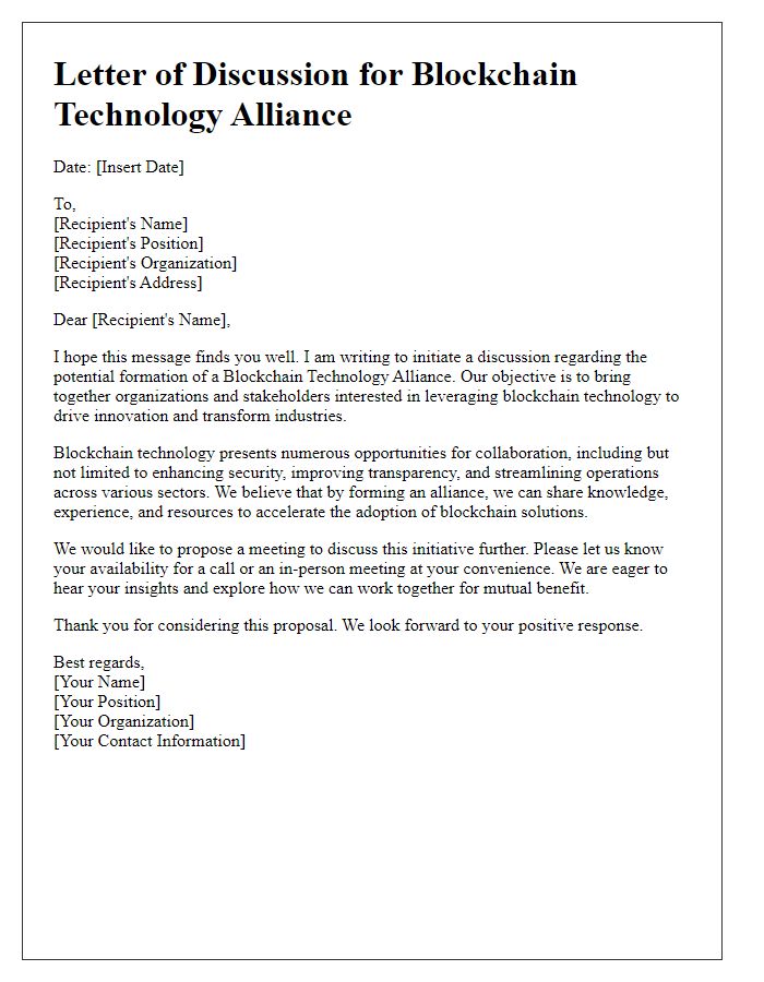 Letter template of discussion for blockchain technology alliance