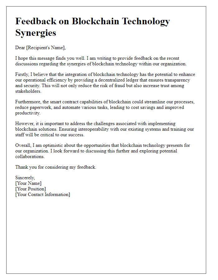 Letter template of feedback on blockchain technology synergies