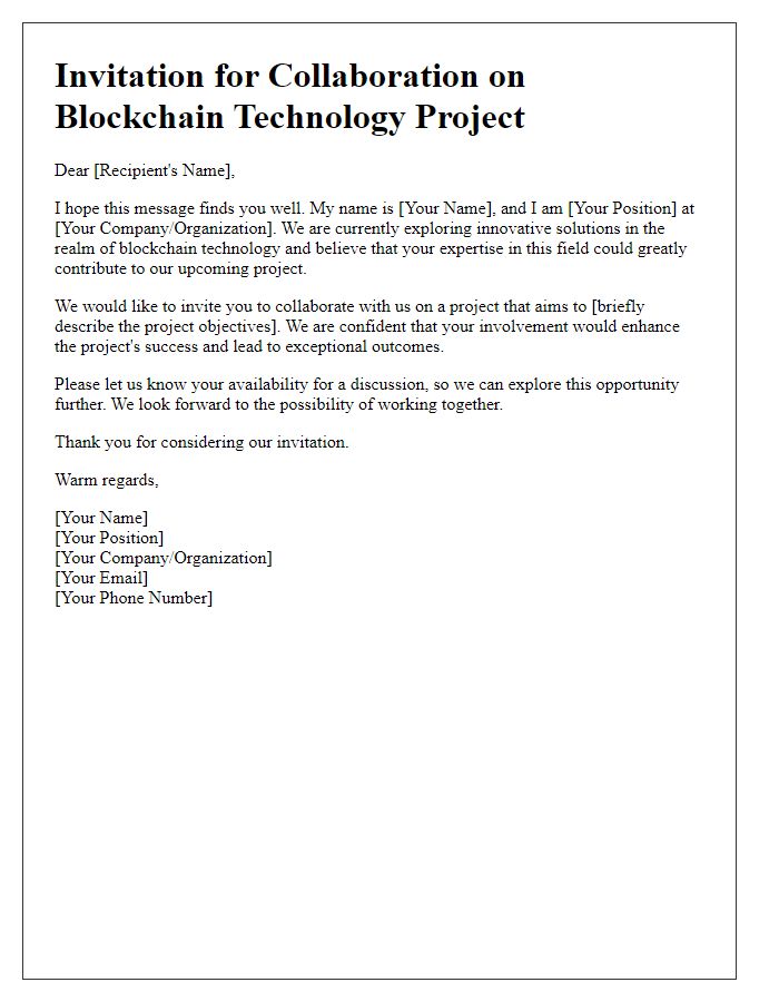 Letter template of invitation for blockchain technology project collaboration