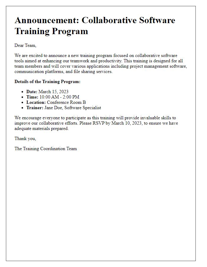 Letter template of announcement for collaborative software training program