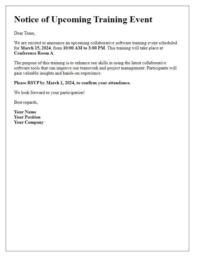 Letter template of notice for upcoming collaborative software training event