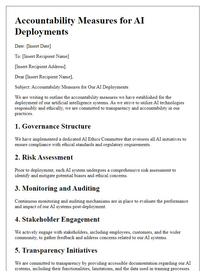 Letter template of accountability measures for AI deployments