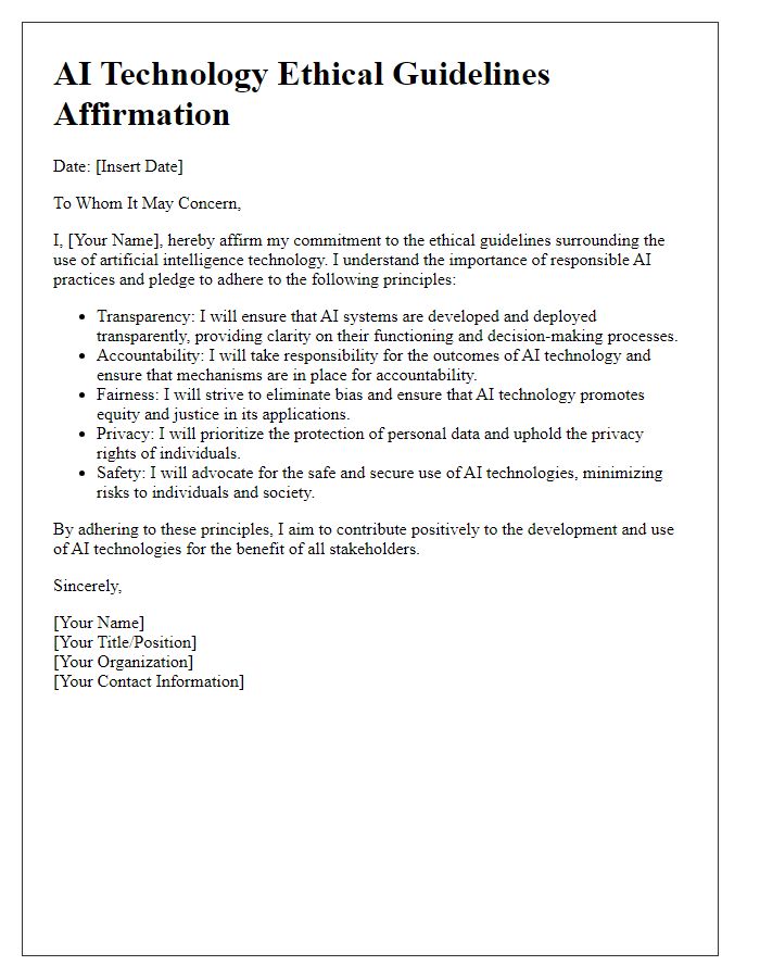 Letter template of AI technology ethical guidelines affirmation