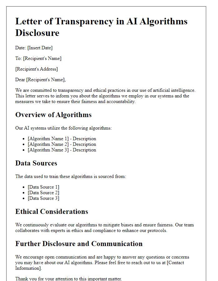 Letter template of transparency in AI algorithms disclosure