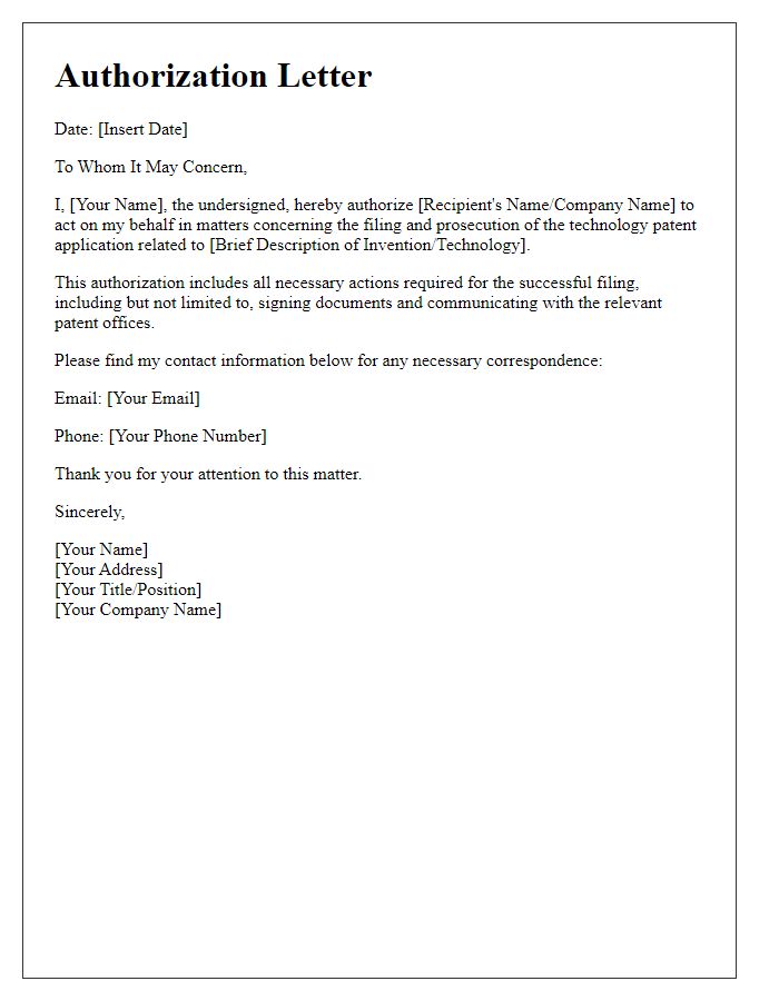 Letter template of authorization for technology patent filing support