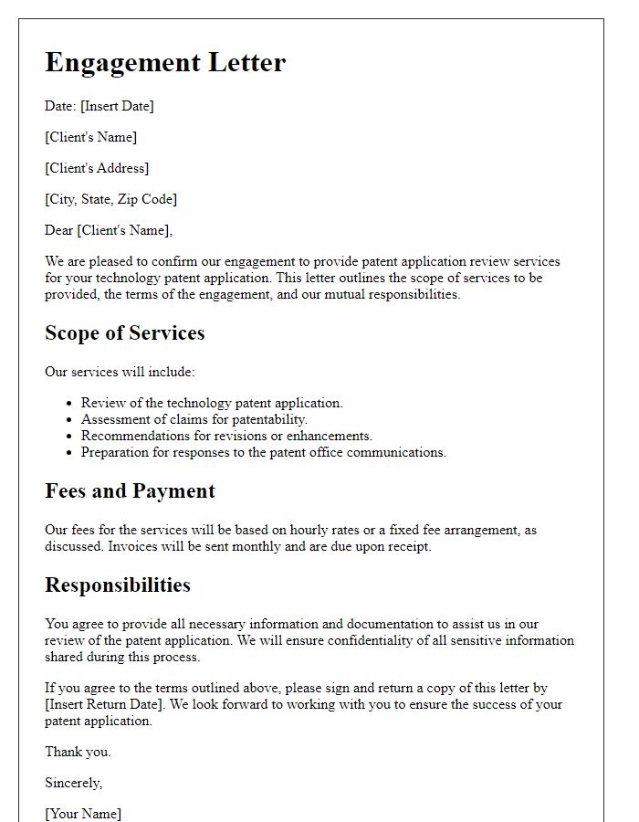 Letter template of engagement for technology patent application review