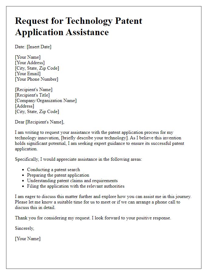 Letter template of request for technology patent application assistance