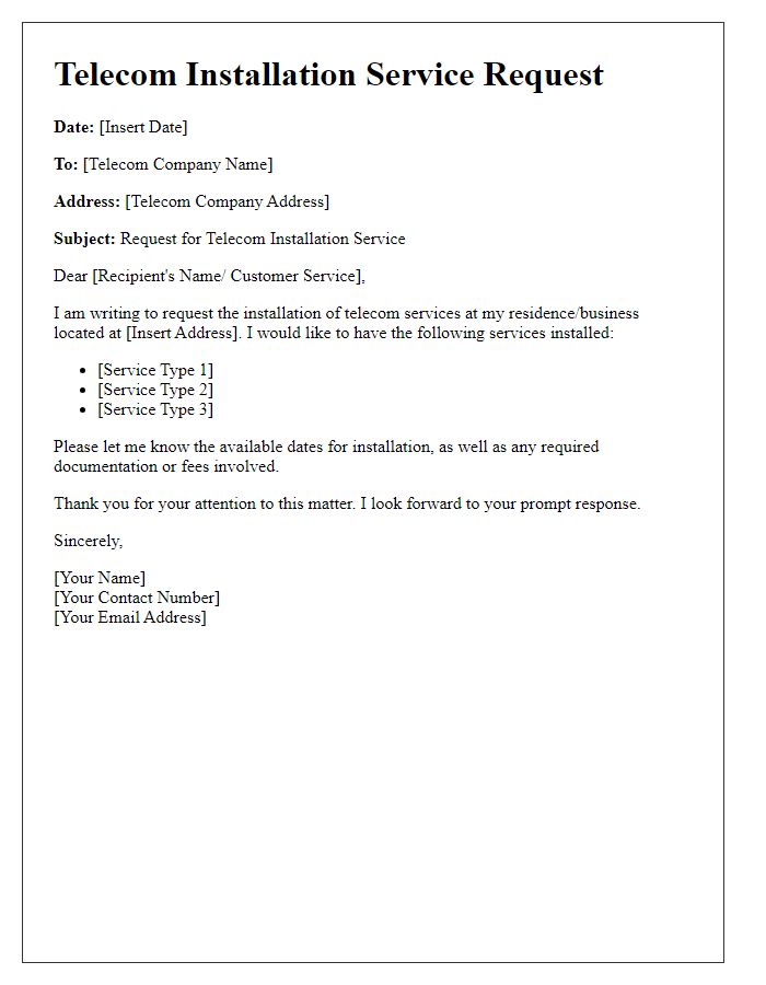 Letter template of telecom installation service request