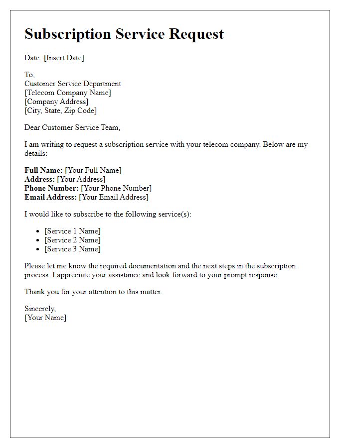 Letter template of telecom subscription service request