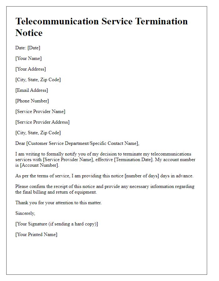 Letter template of telecommunication service termination notice