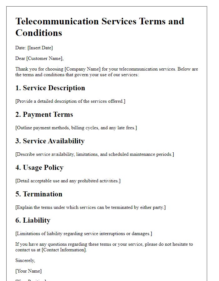 Letter template of telecommunication services terms and conditions