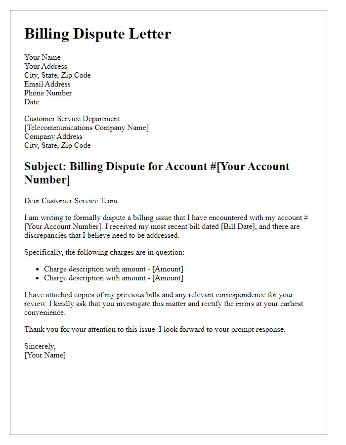 Letter template of telecommunications service billing dispute