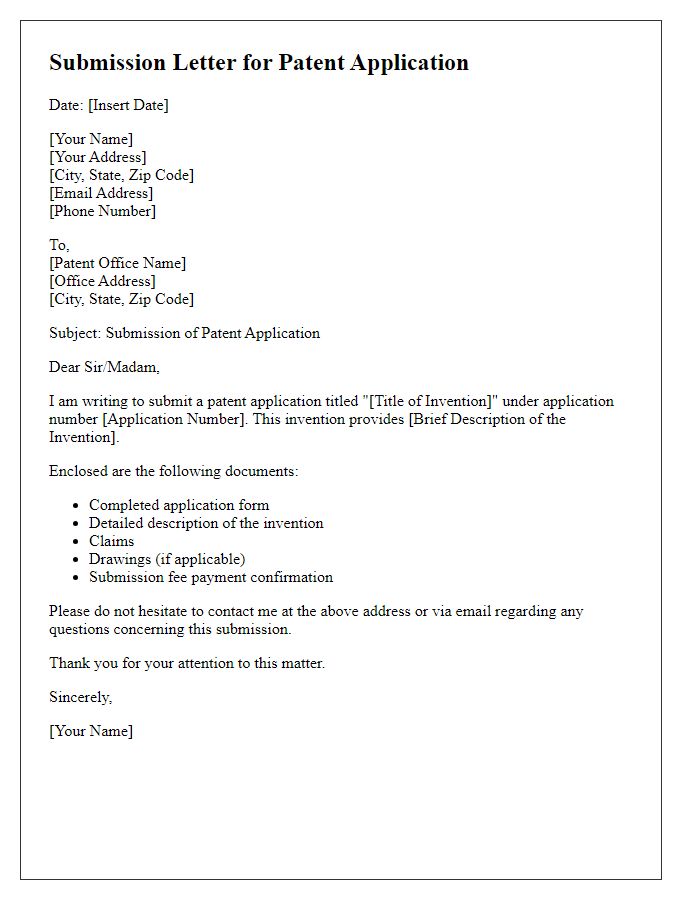 Letter template of submission for patent application